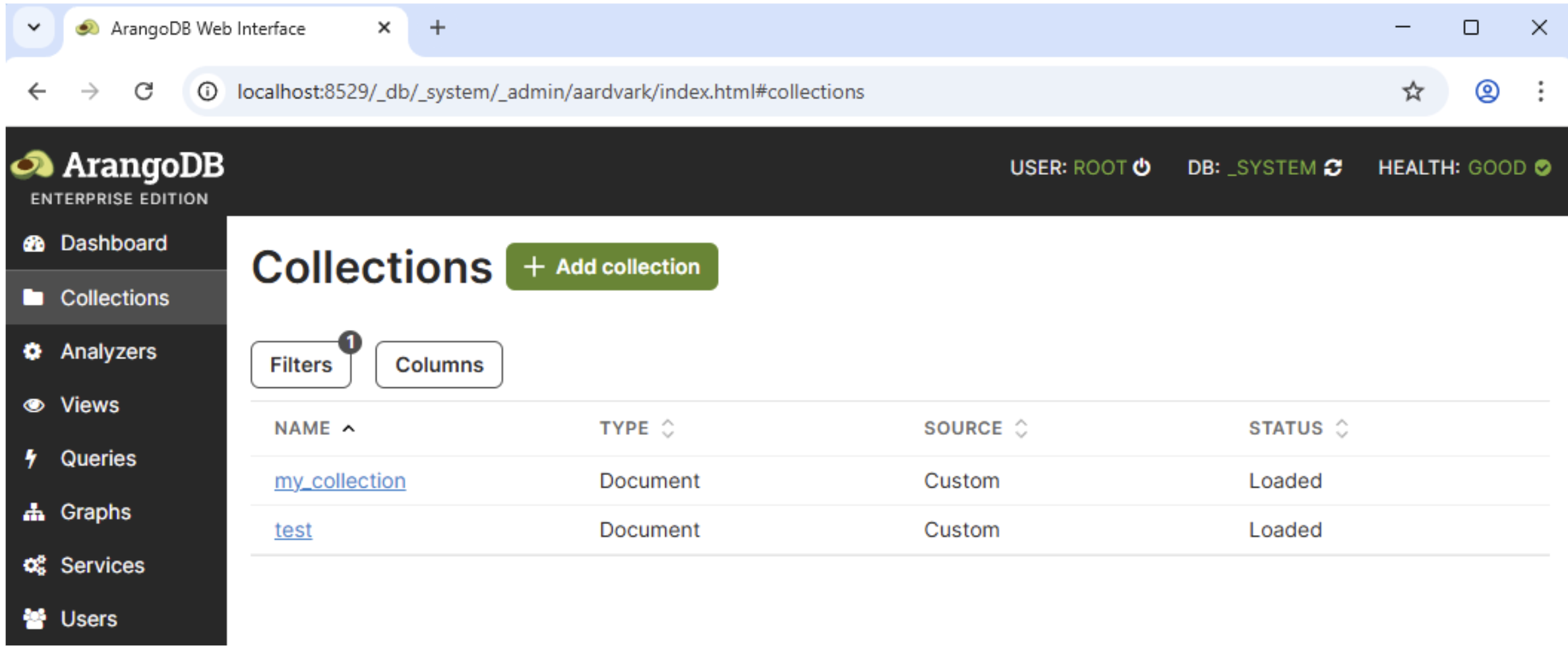 ArangoDB web interface running locally for AQL injection testing