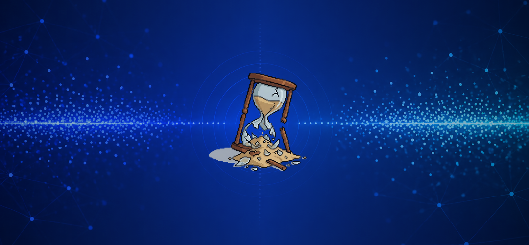 Pixel-art hourglass with sand spilling out, set against a blue, data-themed background with glowing particles and network connections.