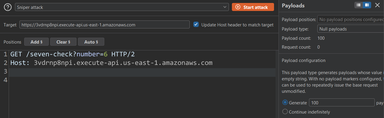 Burp Suite Intruder configured to send repeated requests to an API endpoint with the parameter number set to 6, using a null payload to issue 100 identical requests.
