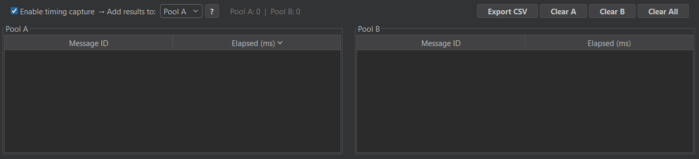 OffTempo interface showing timing capture enabled with empty Pool A and Pool B tables ready to collect request timing data.
