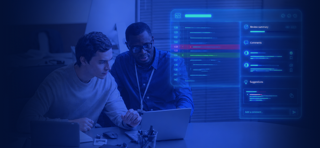 Two engineers collaborating at a laptop with a holographic code review interface showing line diffs, comments, and suggestions on a dark blue background.