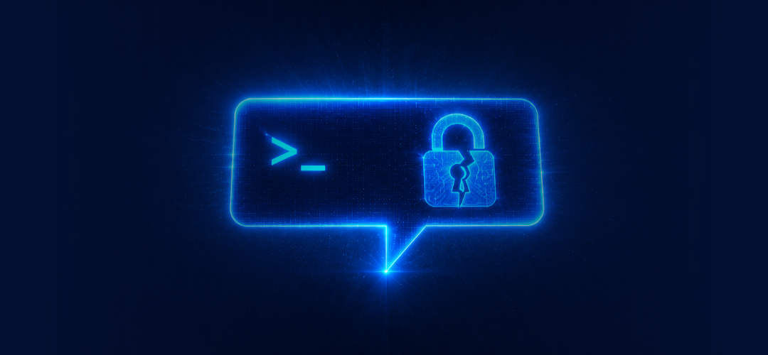 Glowing blue chat bubble with terminal prompt and cracked padlock on dark navy background