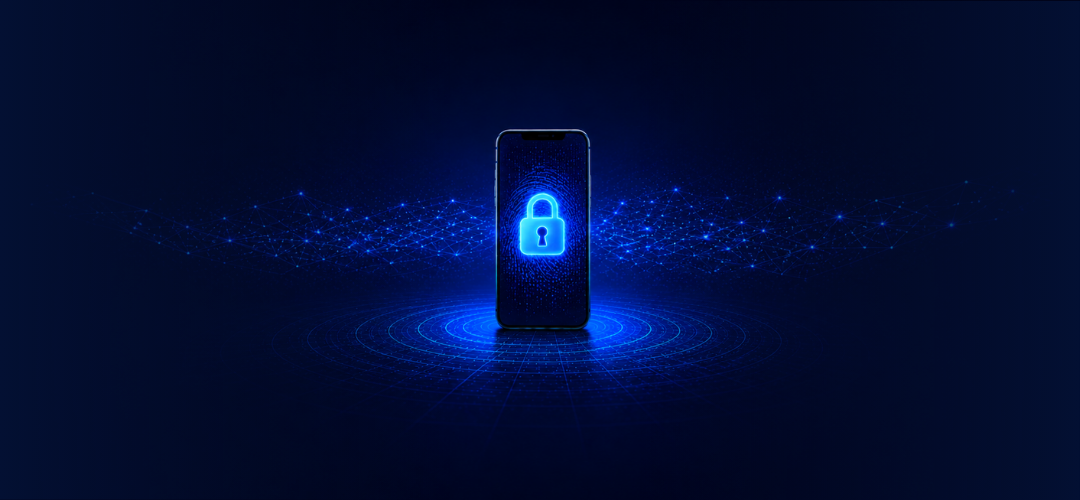 A glowing blue padlock on a smartphone screen, surrounded by a fingerprint pattern and digital network particles, on a dark navy background.