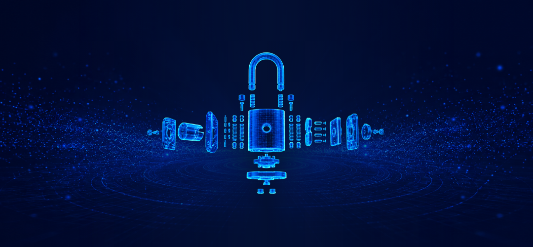 A glowing blue holographic padlock shown in an exploded view, with its internal components — including pins, springs, cylinder, shackle, and casing — floating symmetrically apart against a dark blue digital background with concentric rings and particle effects.