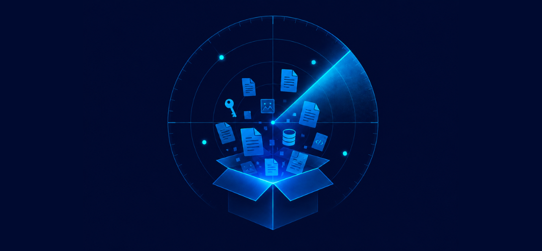 Illustration of a glowing radar scan above an open box, with floating icons representing files, databases, code, and keys on a dark navy background.