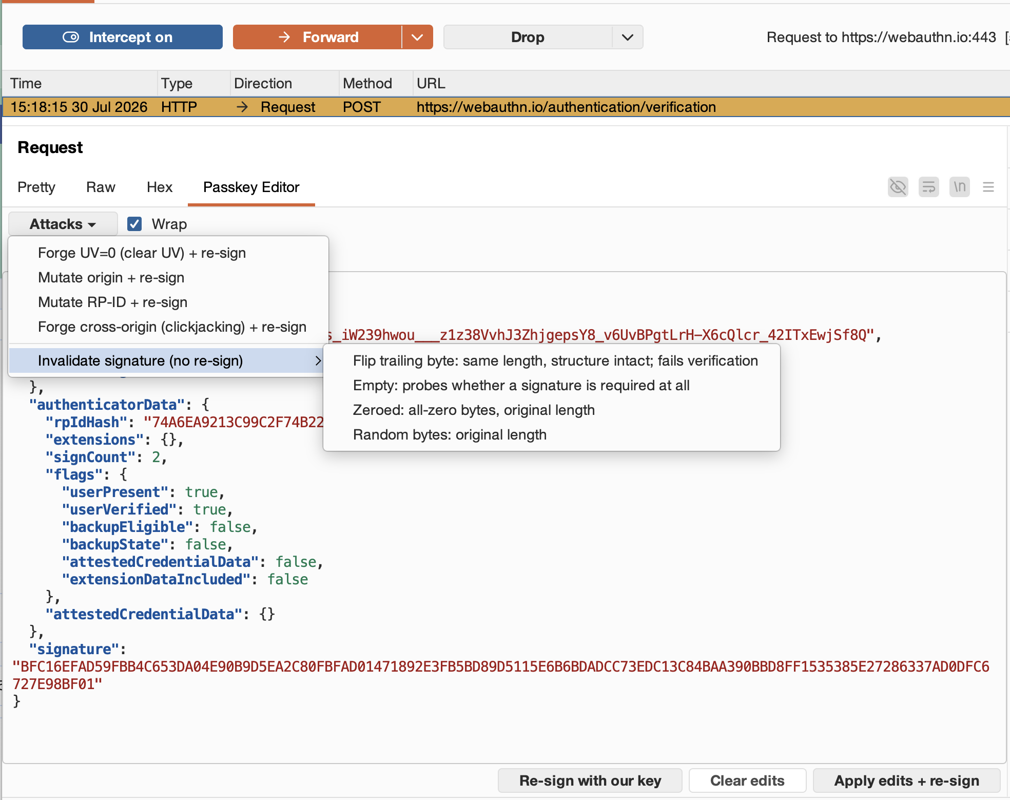 Attacks dropdown showing four signature-invalidation options: flip trailing byte, empty, zeroed, random bytes.