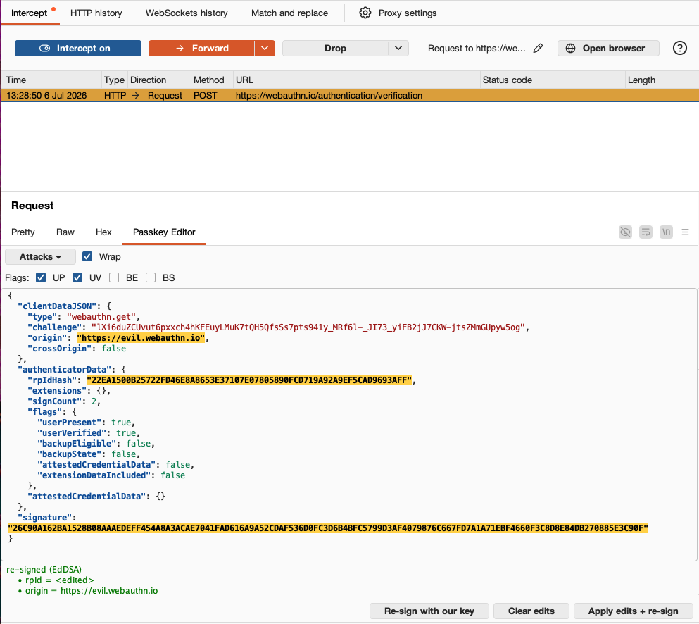 Passkey Editor tab in Burp Intercept with edited origin and signature fields highlighted in amber.