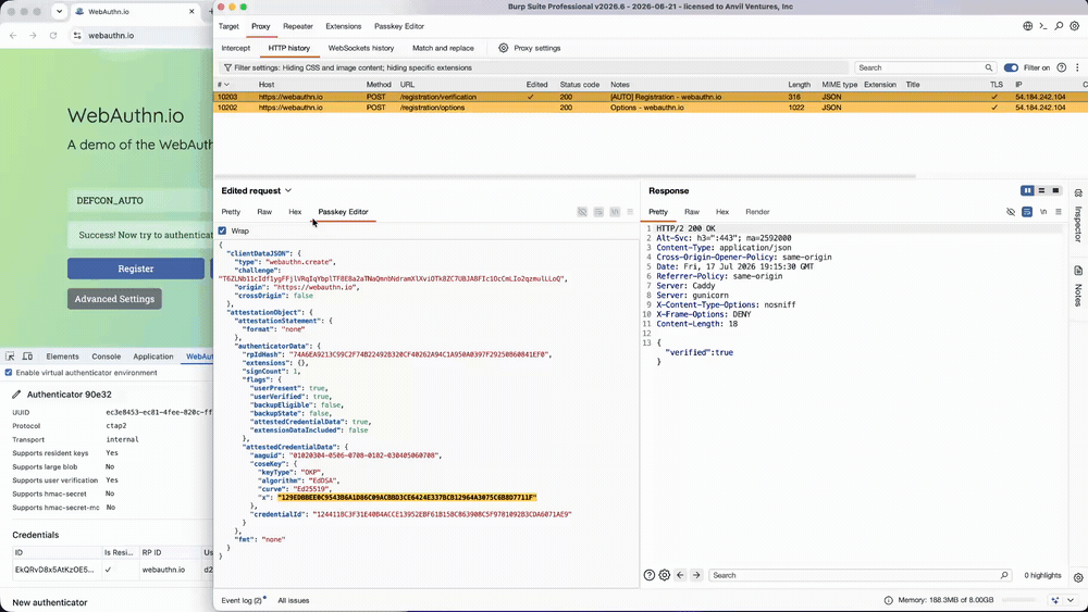 Burp Suite showing an authentication request with forged origin and rpIdHash fields, re-signed automatically.