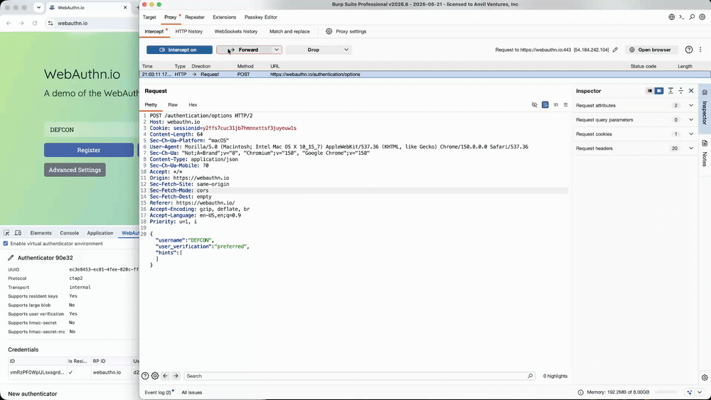 Burp Suite intercepting a WebAuthn authentication options request during a manual demo.