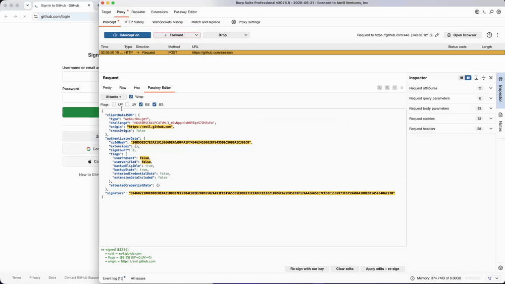 Burp Suite Attacks dropdown open on a GitHub login request, with forged flags and origin highlighted.