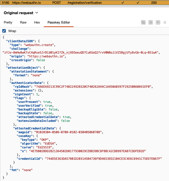 Burp Suite Passkey Editor tab showing a decoded WebAuthn registration request in read-only mode.
