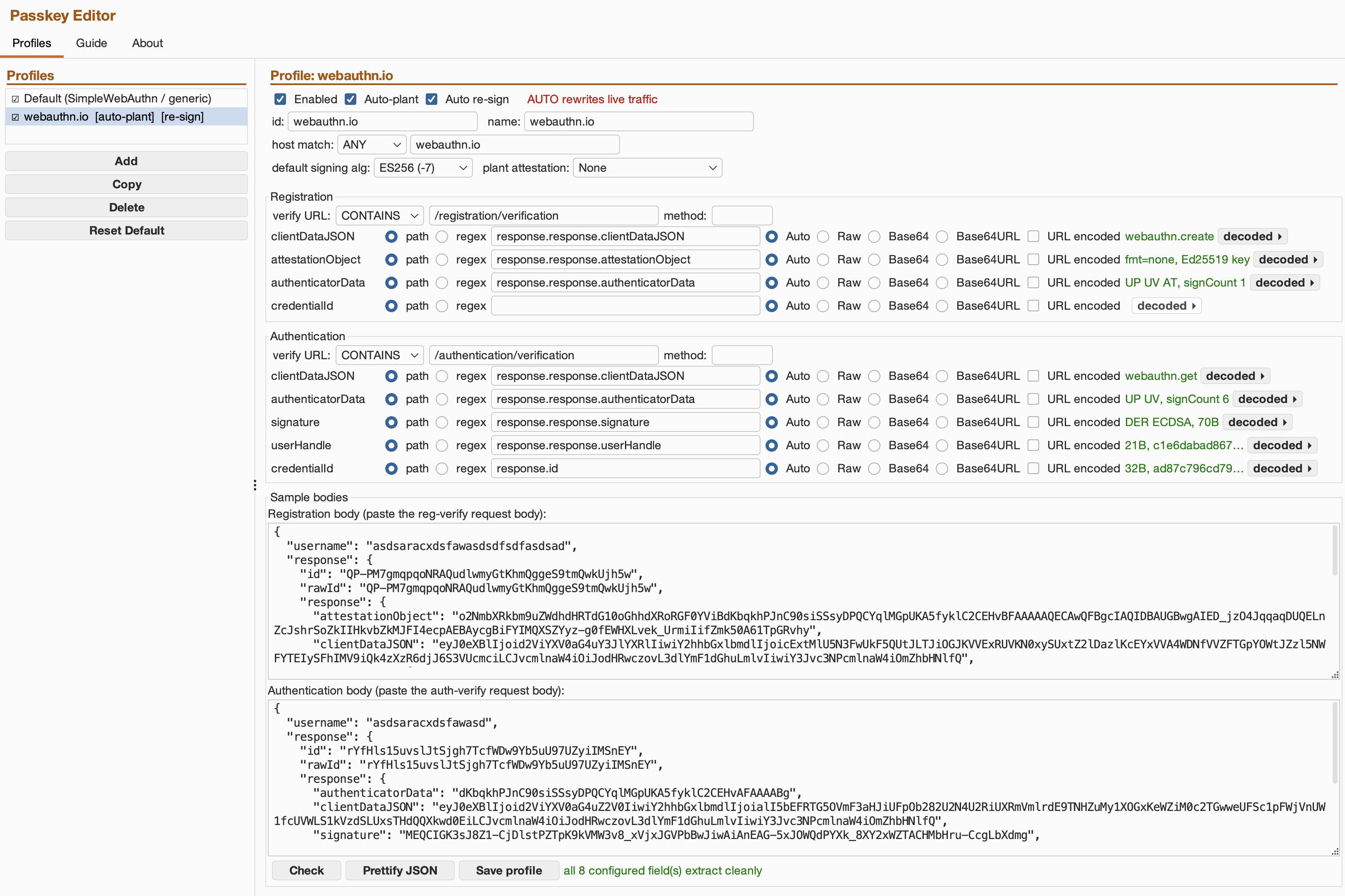 Passkey Editor extension tab showing a webauthn.io profile with field paths and sample request bodies configured.