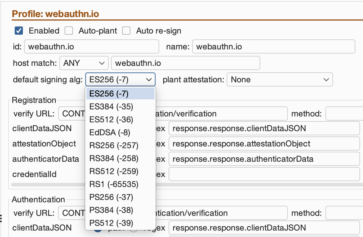 Passkey Editor profile settings with a dropdown listing eleven supported signing algorithms.