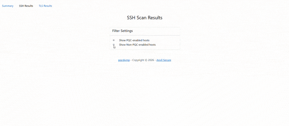 Animated demo of the PQCDump SSH Results tab, filtering hosts by PQC support and showing supported key exchange algorithms