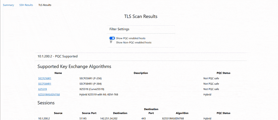 Animated demo of the PQCDump TLS Results tab, filtering hosts by PQC support and showing negotiated key exchange sessions