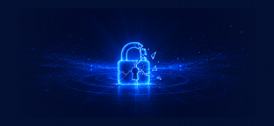 Glowing blue padlock cracking and breaking apart against a dark blue digital grid and particle background.