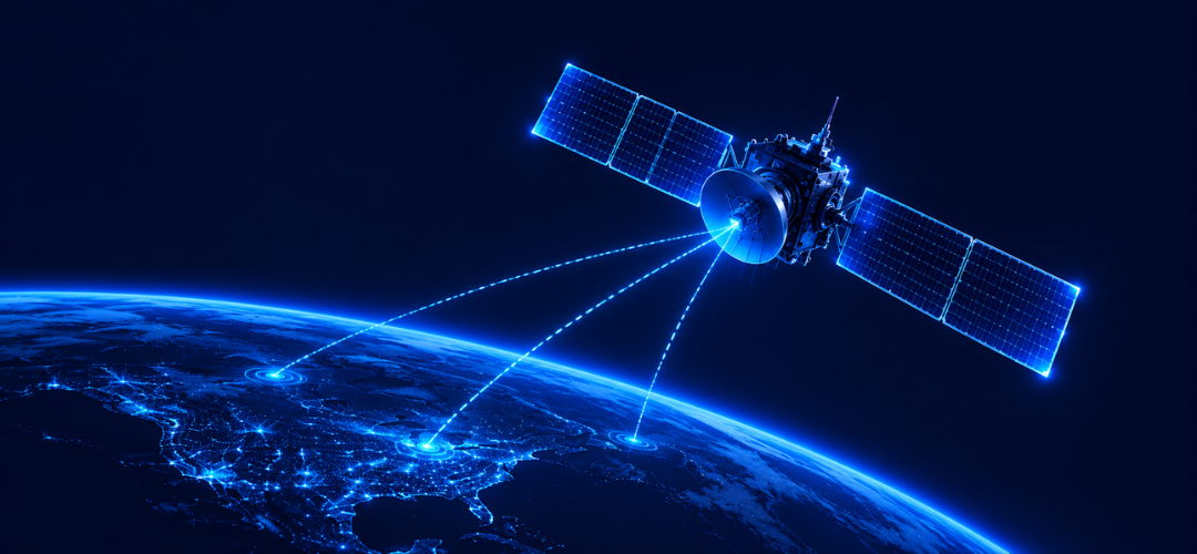 Illustration of a satellite in orbit sending three dashed signal beams down to points on a glowing blue Earth at night, representing ION-DTN security research.